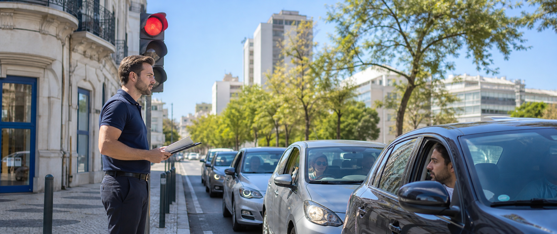Vendor at Red Traffic Light in Urban Portugal